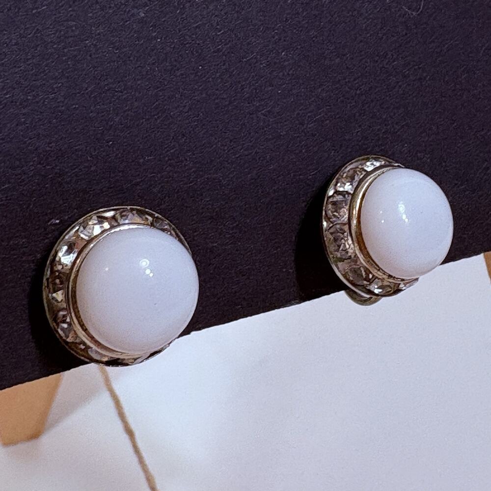 Vintage White and Rhinestone Earrings Screwback Round Classic 1950s Neutral Glam